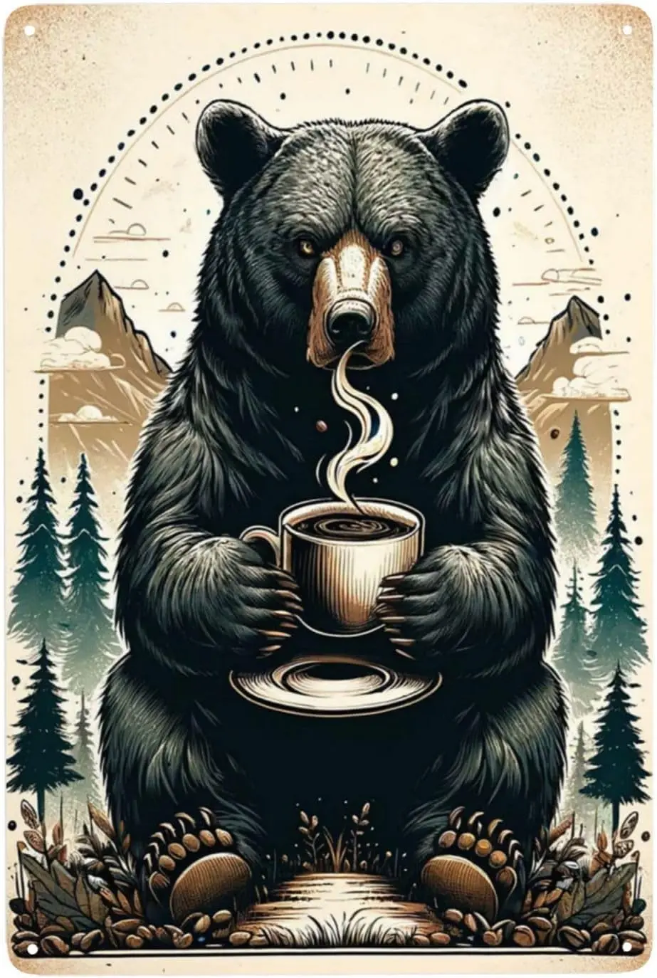 Morning Brew in the Wild Metal Wall Art Rustic Bear & Coffee Cup Tin Sign Cozy Cabin Decor for Kitchen & Living Room Vin
