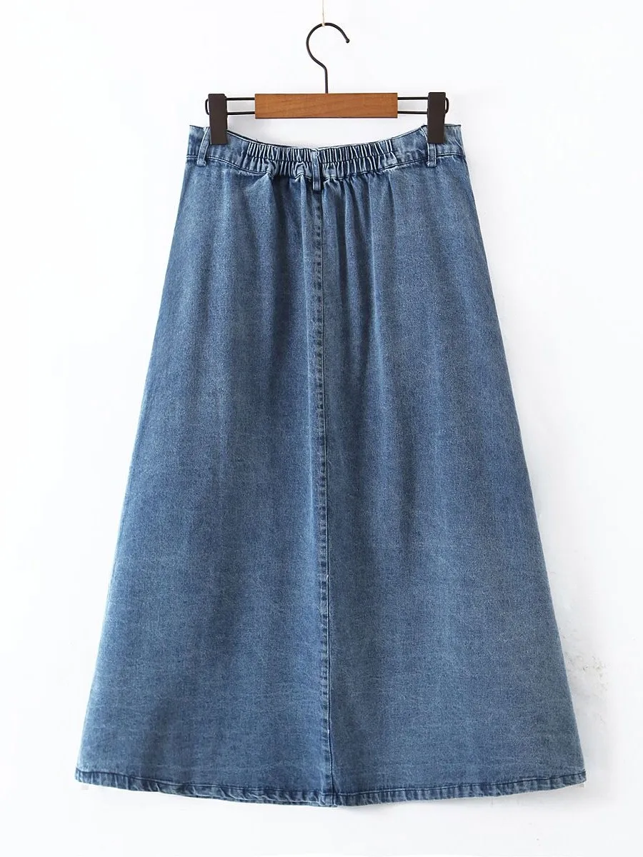 Good Quality Plus Size Washed Denim Skirt Women 2023 Spring Summer Korean Retro Fashion Slit Single Breasted A-line  Bottoms