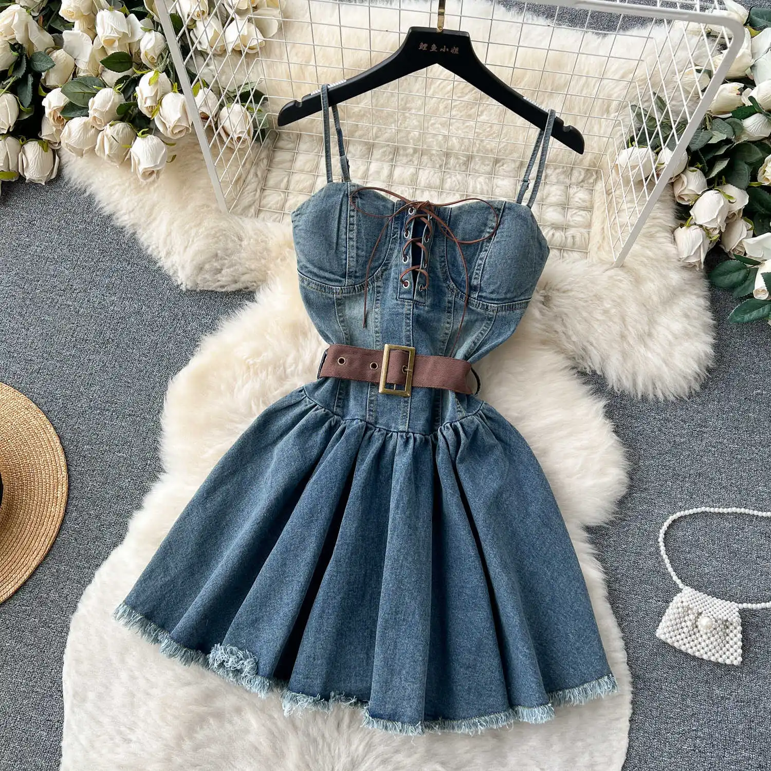 American Style Retro Bandage Denim Dress With Belt Women Summer Short Spaghetti Strap Dresses Female Sexy Blue Vestidos