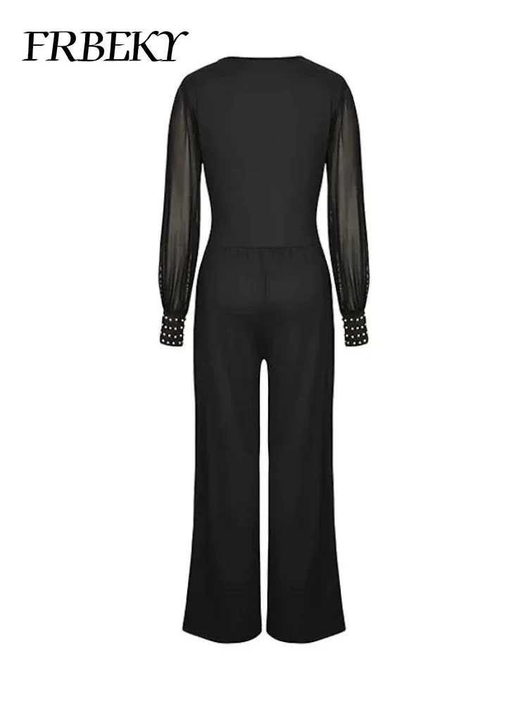 Kombinezon damski New V Neck Mesh Stitching Straight Jumpsuit Overalls for Women Jump Suits for Women One Piece Sexy Streetwear