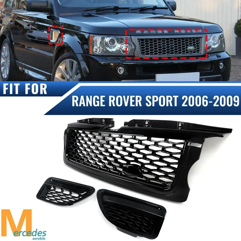 Griglia paraurti centrale per Range Rover Sport L320 2006-2009 Griglia anteriore nera lucida Parafango laterale Presa d'aria Griglia da corsa a nido d'ape