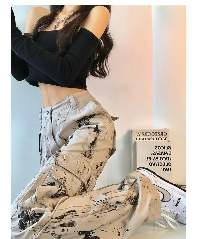 American y2k women spring Splattered ink tie-dye butterfly tooling pants  straight loose hot girl high street design pant