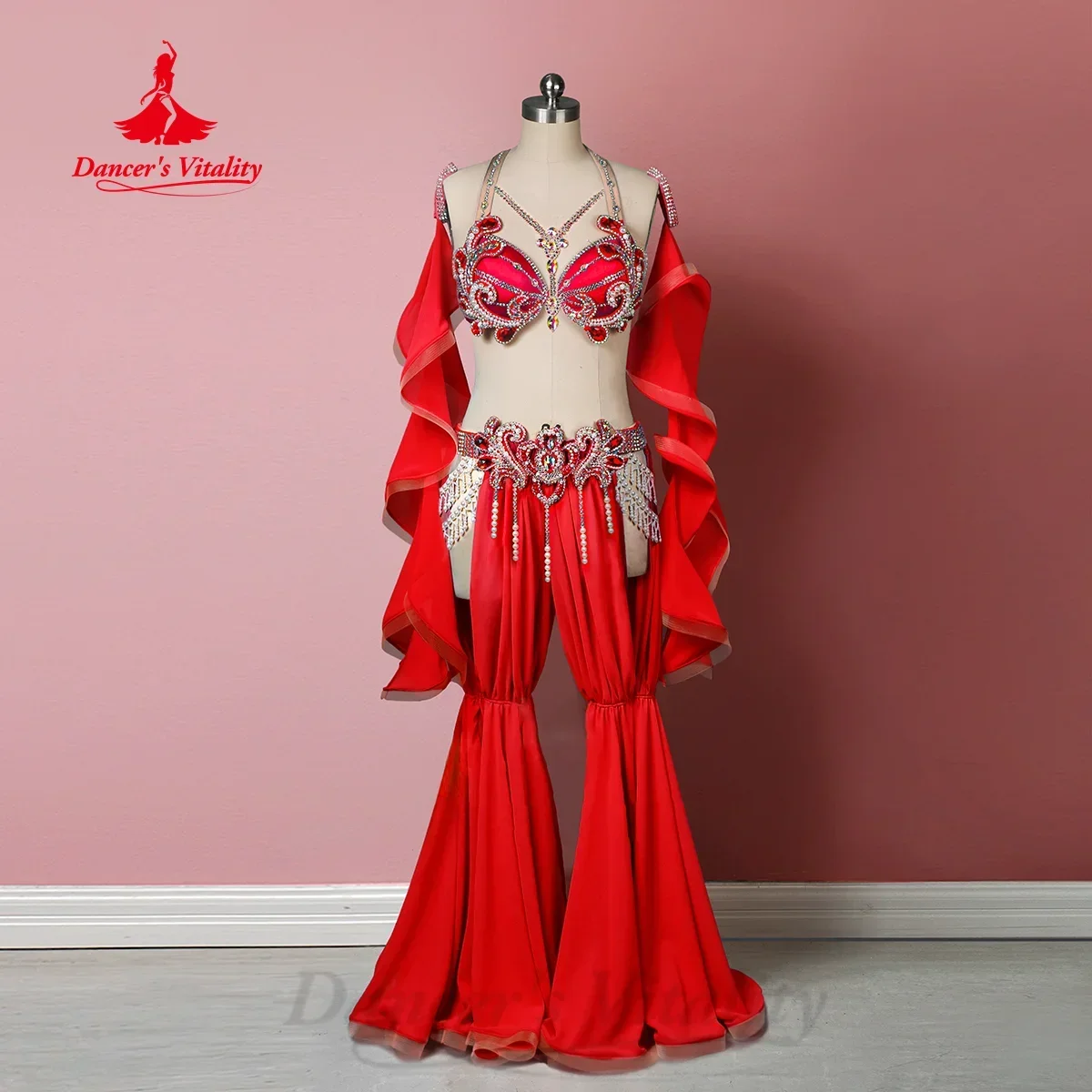 Belly Dancing Suit Women's Customized Senior AB Stones Bra+Sleeves+Pearl Tassel Pants 3pcs Oriental Dance Performance Costumes