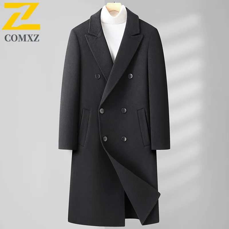 COMXZ 2025 Men Long Double Breasted Wool Coat Down Inner Layer Reversible Cashmere Overcoat Knee Length Winter windbreaker