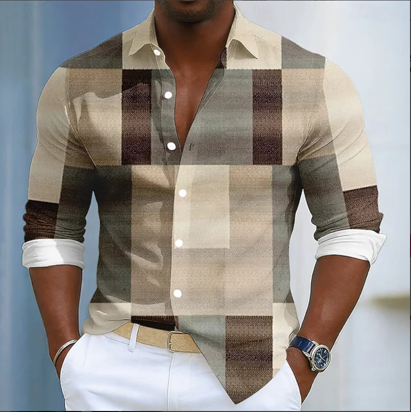 New Blue And White Contrast Splicing Men's Long Sleeve Shirt  Casual Versatile Collar Shirt  Daily Trendy Top