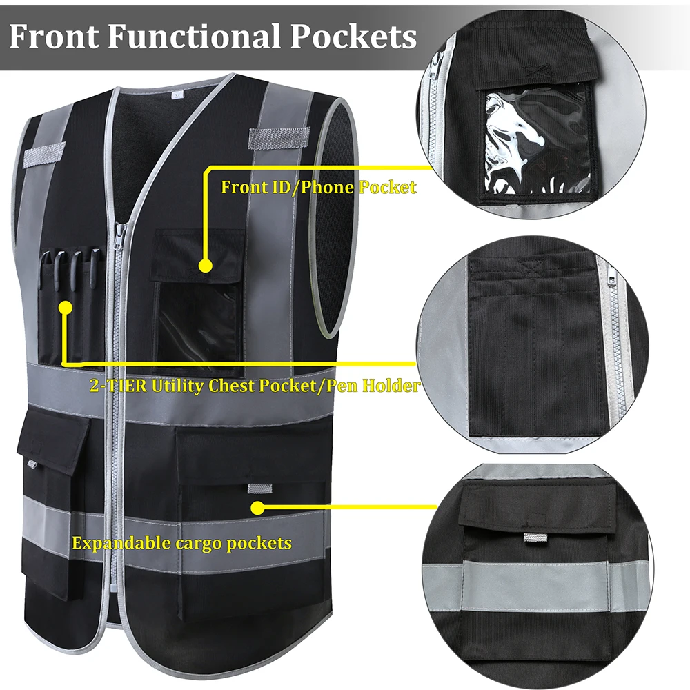 SFvest Safety reflective vest  construction building vest safety clothing work vest multi pocket black vest