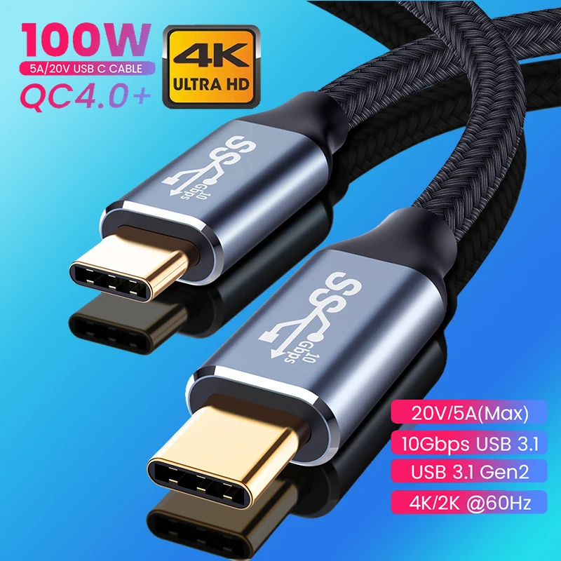 Nku USB C 3.1 10Gbps Data Cable Type-C Male To Male 5A 100W Fast Charging 4K@60Hz UHD Video Cable for Laptop Mobile Phone