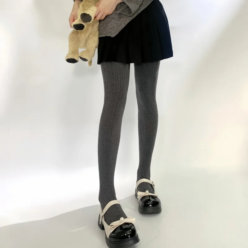 Soft Warm Solid Fine Ribbed Cotton Footed Tights Women Slim Striped Knit Pantyhose Daily Basic Bottoming Hosiery Cold Weather