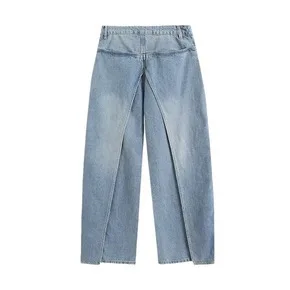 Perna reta solta-ajuste retalhos falso calças jeans de duas peças streetwear casual retro assimétrico afilado calças jeans para mulher