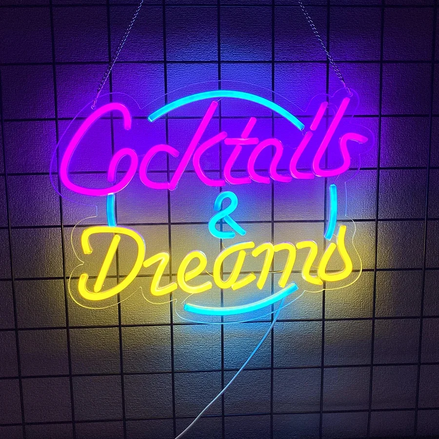 Cocktails and Dreams Neon Sign for Wall Decor,LED Neon Light Signs for Bedroom Room Home Beer Bar Bistro Art Decor，USB Powered