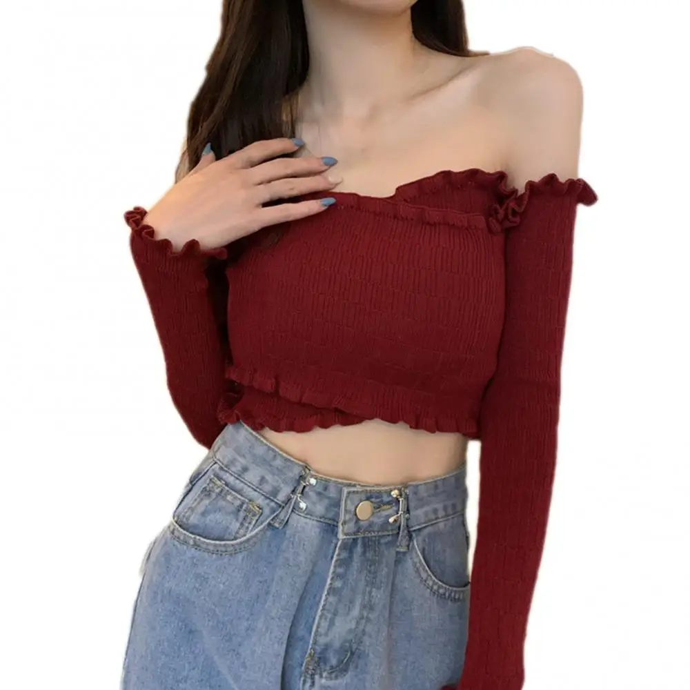 Korean Elegant Women Knitted Blouse Sexy Lace Neckline Off Shoulder Long Sleeve Crop Top Female Autumn Blouse