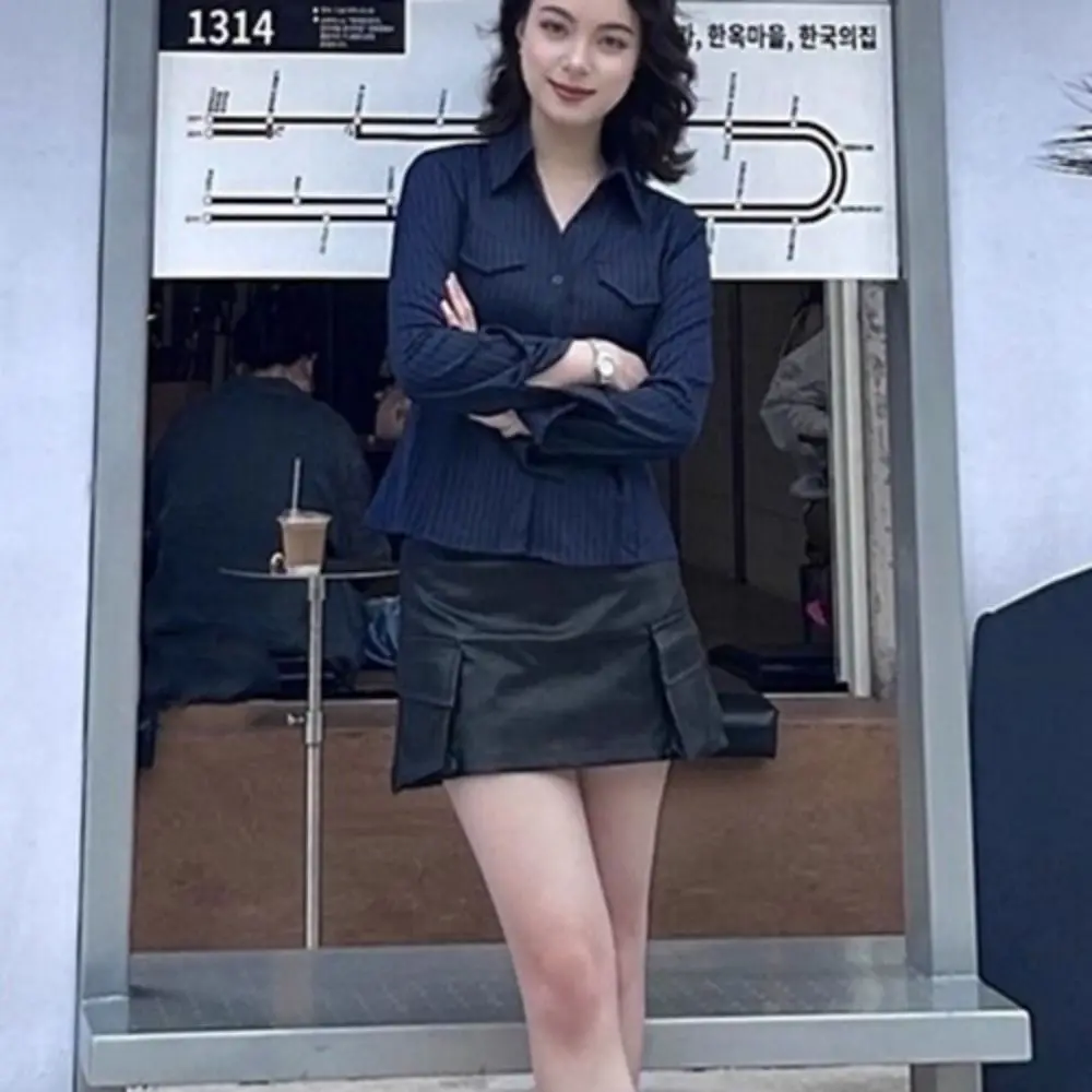 

Ins Sweet Strip Pleated Shirt Top Slim Fit Casual Long Sleeve Blouse Spring Summer Autumn Thin Button Shirt for Women Girl