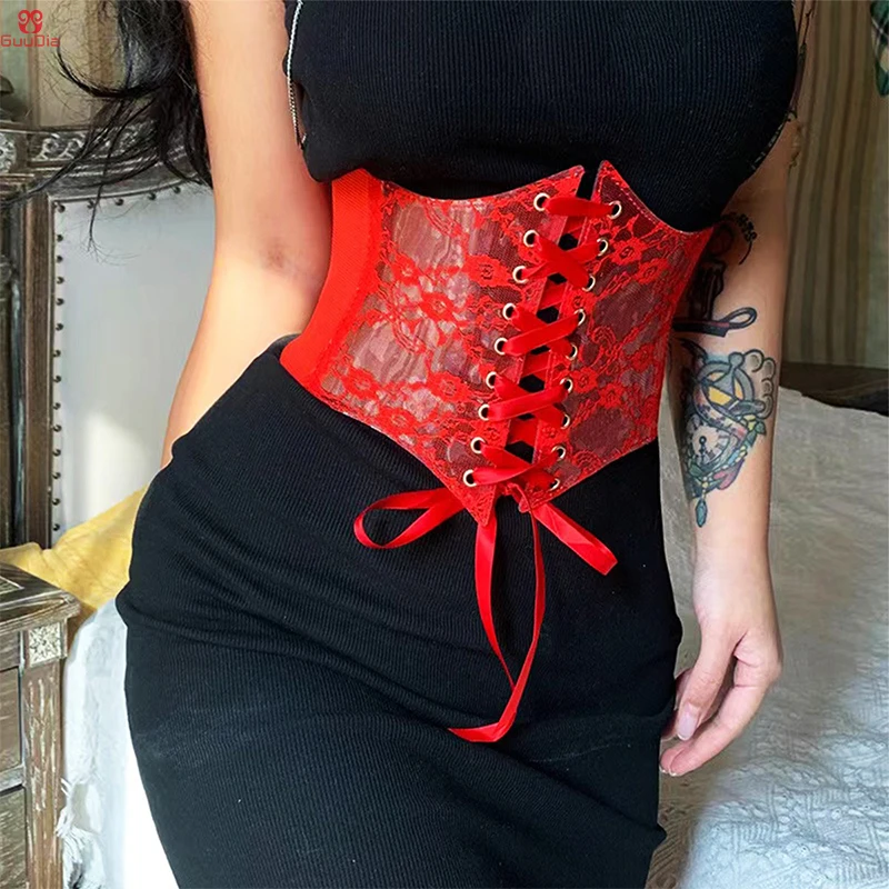 GUUDIA Waist Corset Belt Lace-up Corset Belt Stretchy Tied Snap Button Waspie Belt Wide Halloween Dress Cincher Waist Belt Women