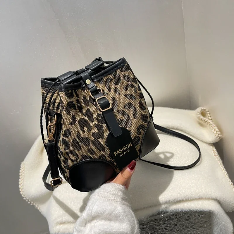 Leopard Small PU Leather Women Bucket Crossbody Bags 2024 Fall Designer Shoulder Bag Luxury Brand Ladies Handbag Lady Trend Tote