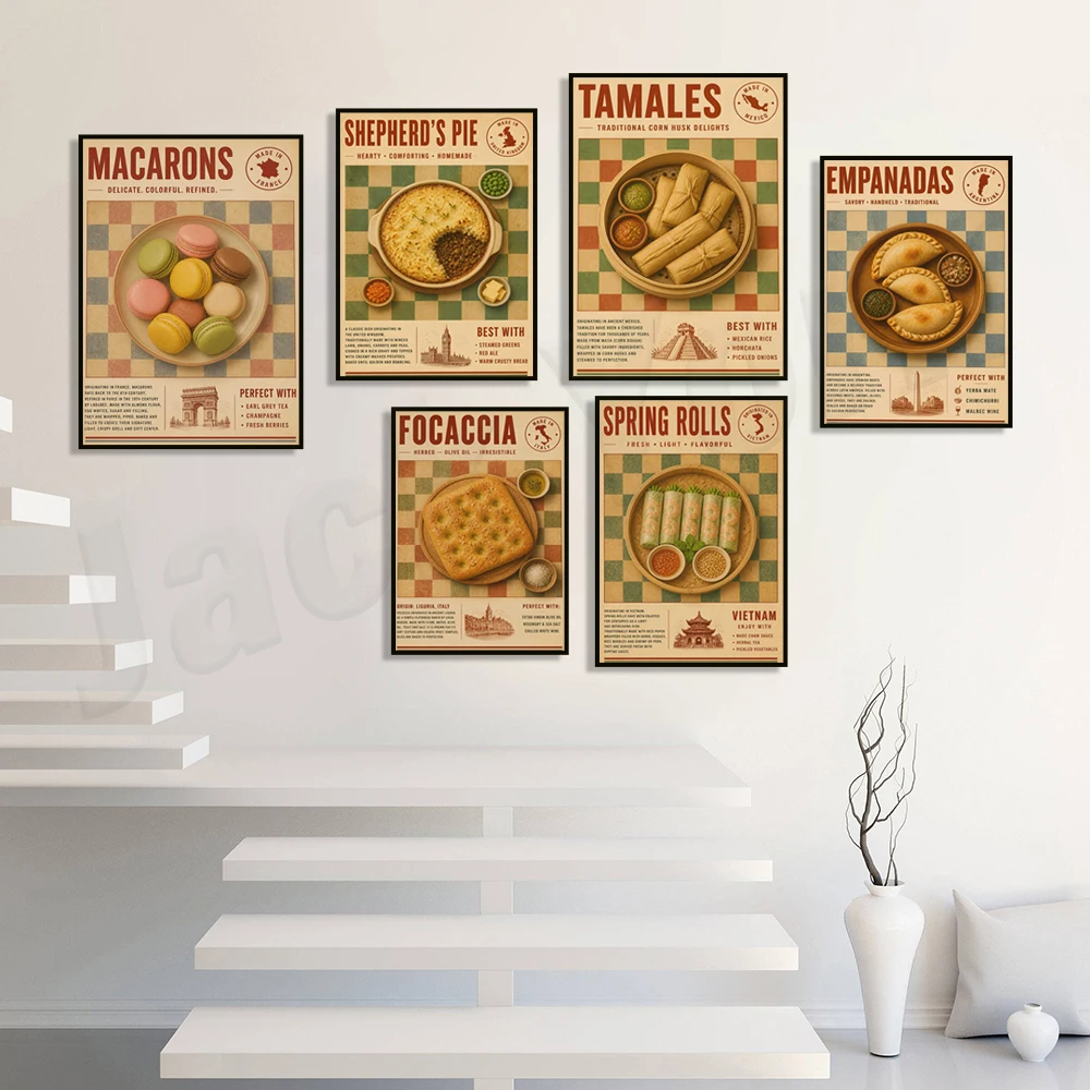 French pastries, spring rolls, focaccia, shepherd's pie, garlic butter shrimp, clam chowder, ratatouille, gumbo, food poster