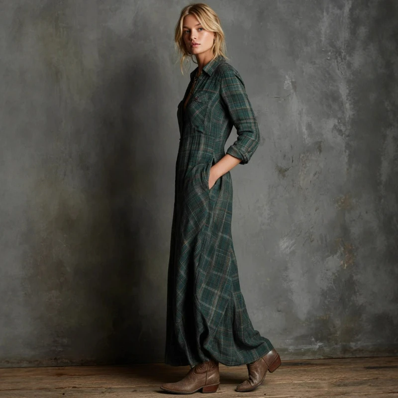 2026 Autumn New Fashion Plaid Shirt Collar Dress for Women European Style Women Clothing Elegant Long-sleeved Plaid Shirt Dress