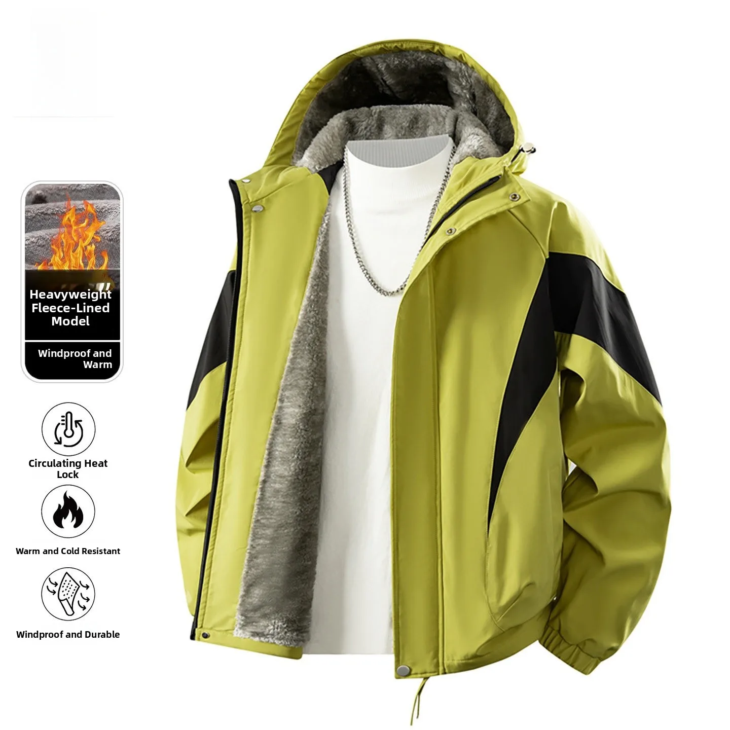 

Nainiu Thickened Fleece Lined Hooded Outdoor Cotton Jacket Men's Autumn Winter Warm Windproof Youth Coat Fashionable Urban Style