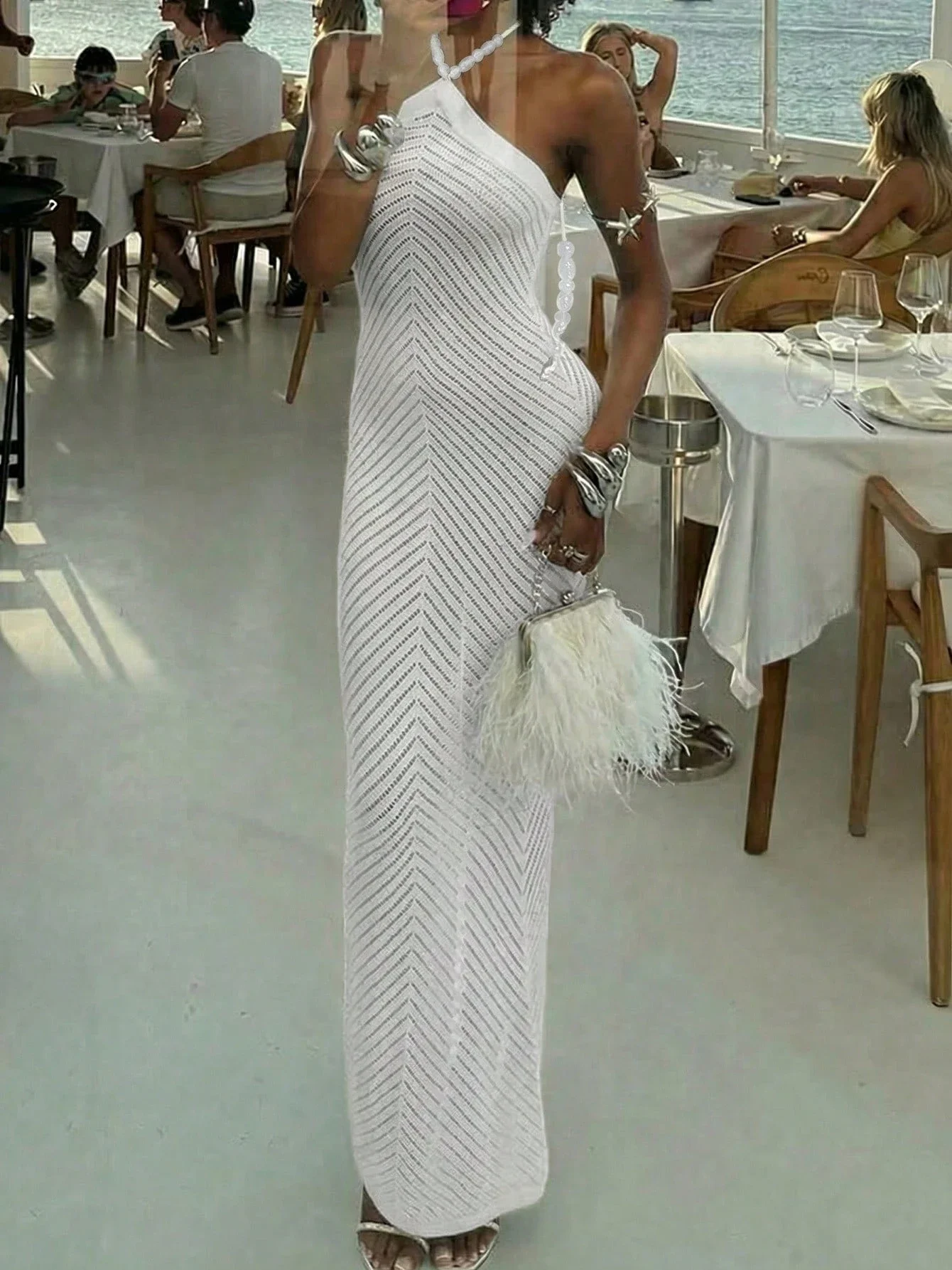 White Hollow-Out Knit Halter Maxi Dress For Women Beach Party Vacation - Detail 1