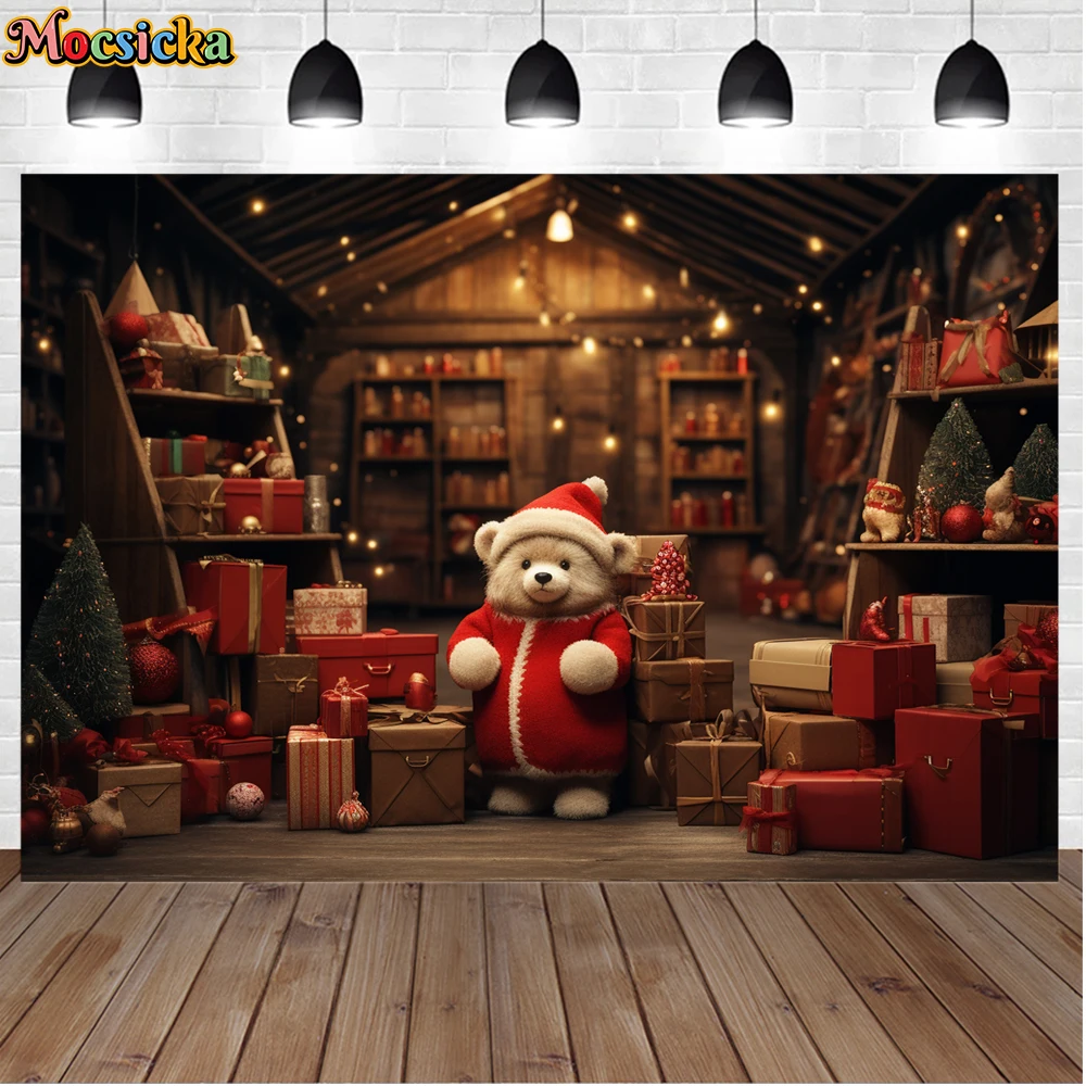 Mocsicka-Fond de photographie de Noël d'hiver, mur de fond, arbre de Noël, ours, fête de vacances, famille, enfants, studio photo, cadeau