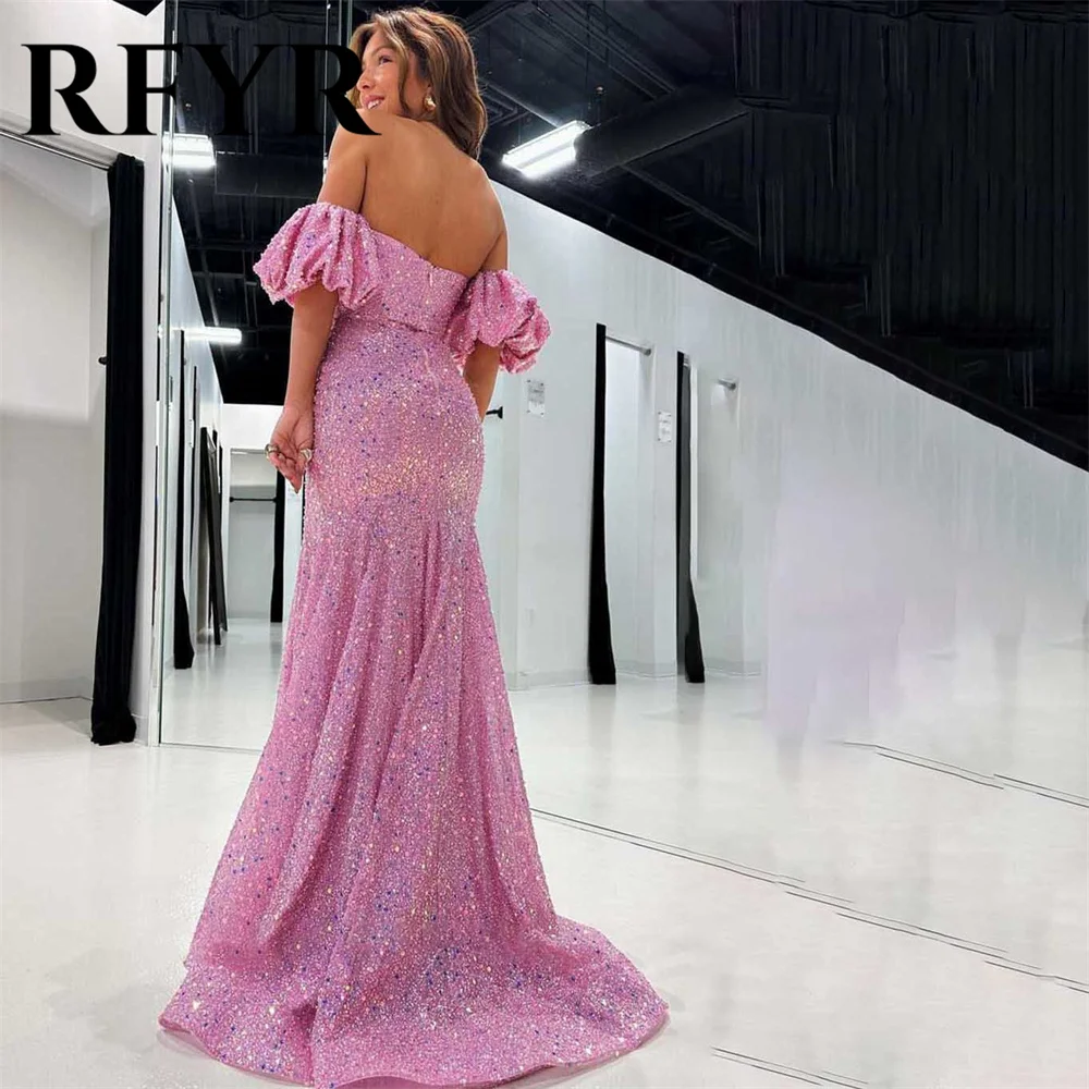 RFYR Pink Prom Dress Off The Shoulder Mermaid Long Evening Dress Glitter Robe De Soirée with Pleats Split Party Dress Customized