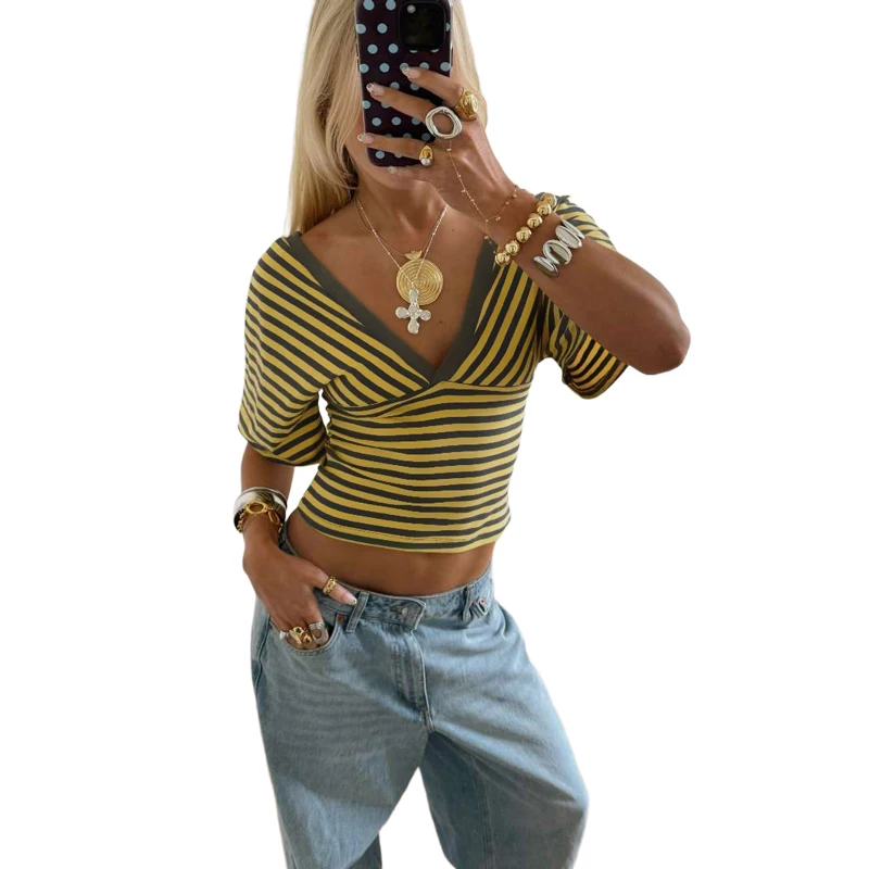 Kliou Gestreifte Patchwork-T-Shirts für Damen, Sommertrend, V-Ausschnitt, kurze Ärmel, rückenfrei, Nabel freigelegt, Street-Casual-Mode-Style-Tops – Detail 2