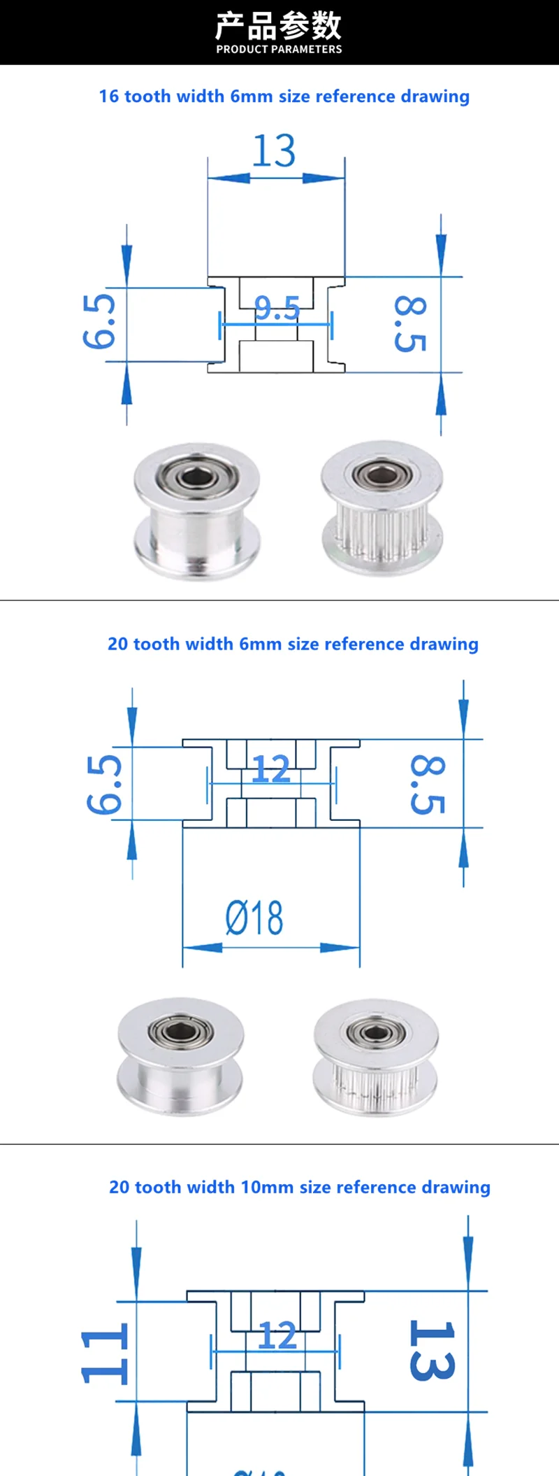 GT2 Umlenkrolle, 16 Zähne, 20 Zähne, mit 3 mm oder 5 mm Bohrung, mit Lagern für 3D-Druckerteile, Zahnriemen 6 mm, 10 mm – Detail 2