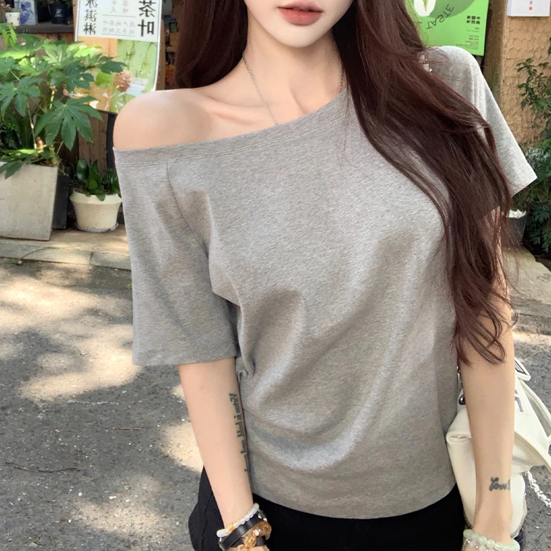 

Gray Slant Shoulder Strapless Short Sleeve T-Shirt Women Summer One Shoulder Pure Desire Collarbone Style Tops