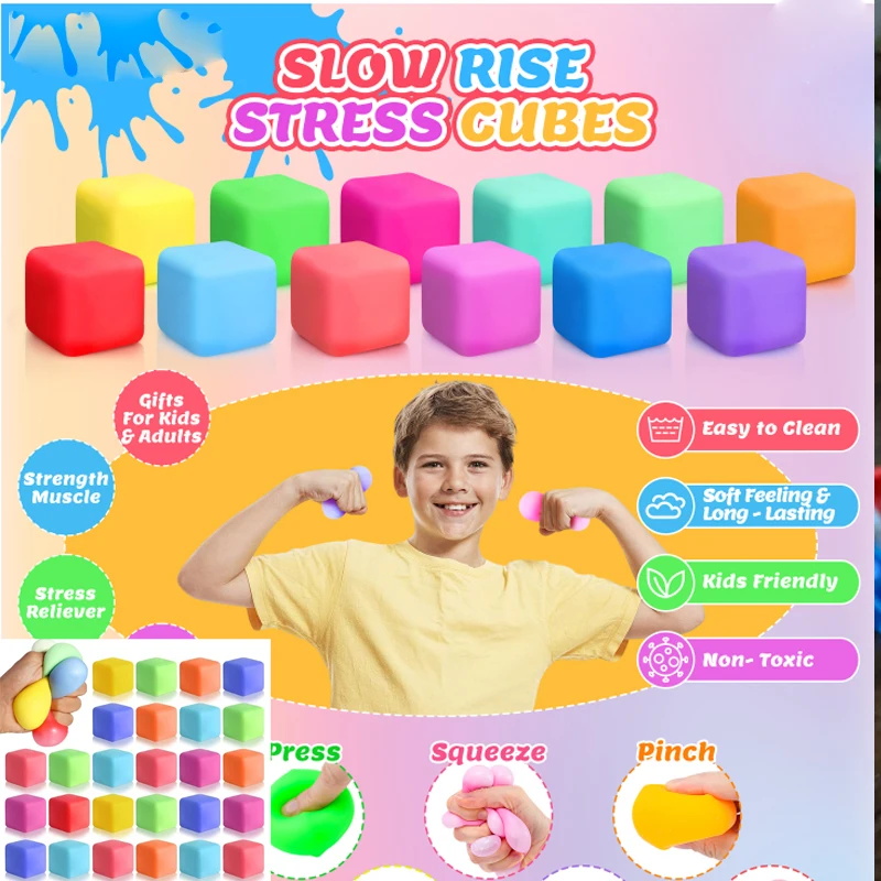 ลูกบาศก์บีบคลายเครียดแบบเพิ่มความรู้สึกช้าๆ ของเล่นบีบสควิชชี่ ของเล่นเสริมพัฒนาการสำหรับเด็กและผู้ใหญ่ ใช้ในห้องเรียน ของชำร่วยงานปาร์ตี้ บีบยืดได้