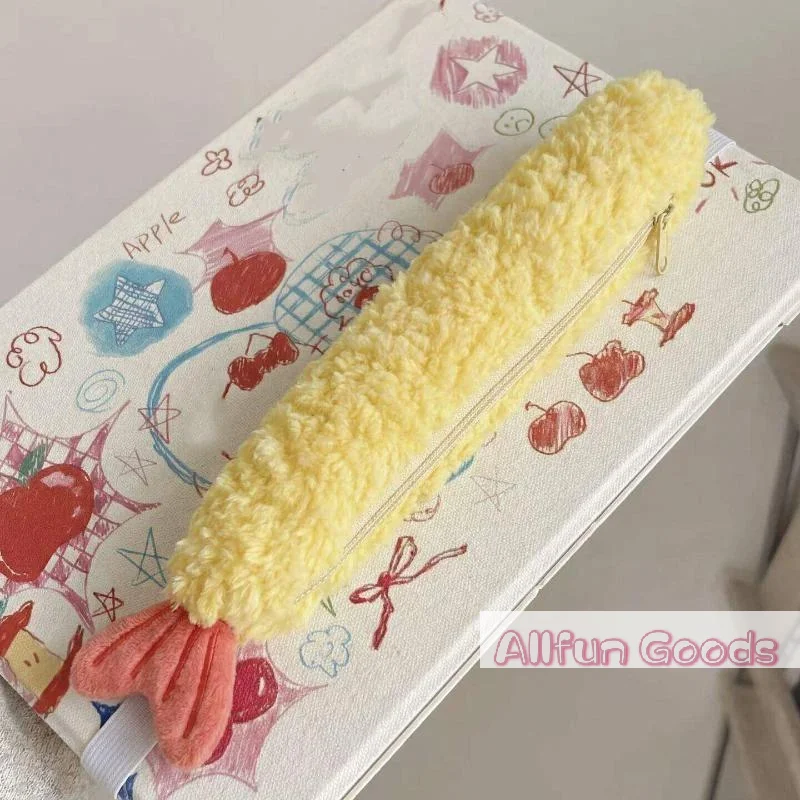 1Pcs Super Cute Fried Shrimp Tail Ribbon Pen Case, Single-layer Portable Stationery Organizer With INS Style Fleece, Student Sch