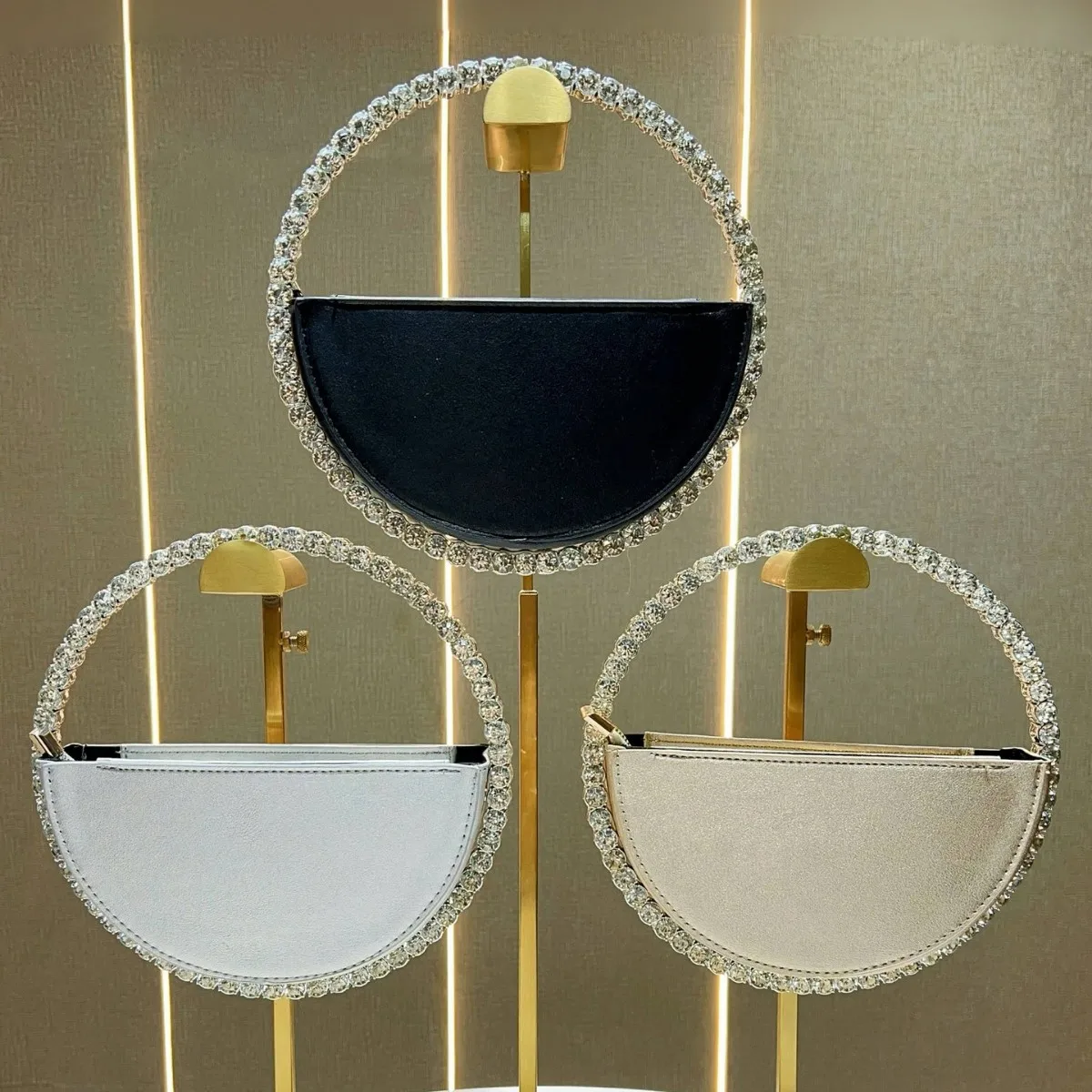 Trendy Rhinestone Round Ring Clutch Women’s Faux Leather Evening Bag Elegant Party Purse Wedding Prom Handbag Luxury Fashion