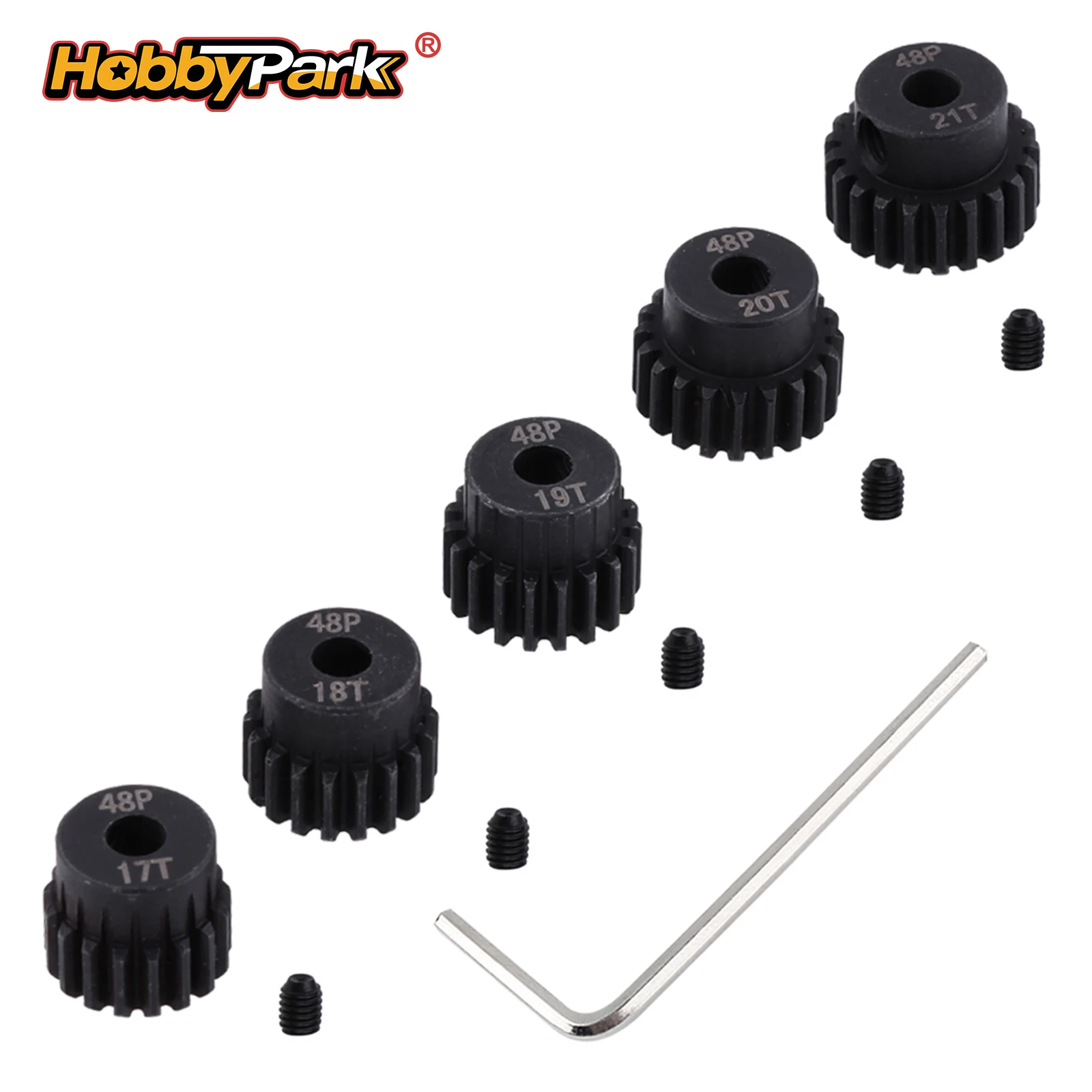 Hobbypark 48P Metal Steel Pinion Gear Set 3.175mm Shaft Hole 17T 18T 19T 20T 21T 48 Pitch Motor Gears for Rc Car 5-Pack