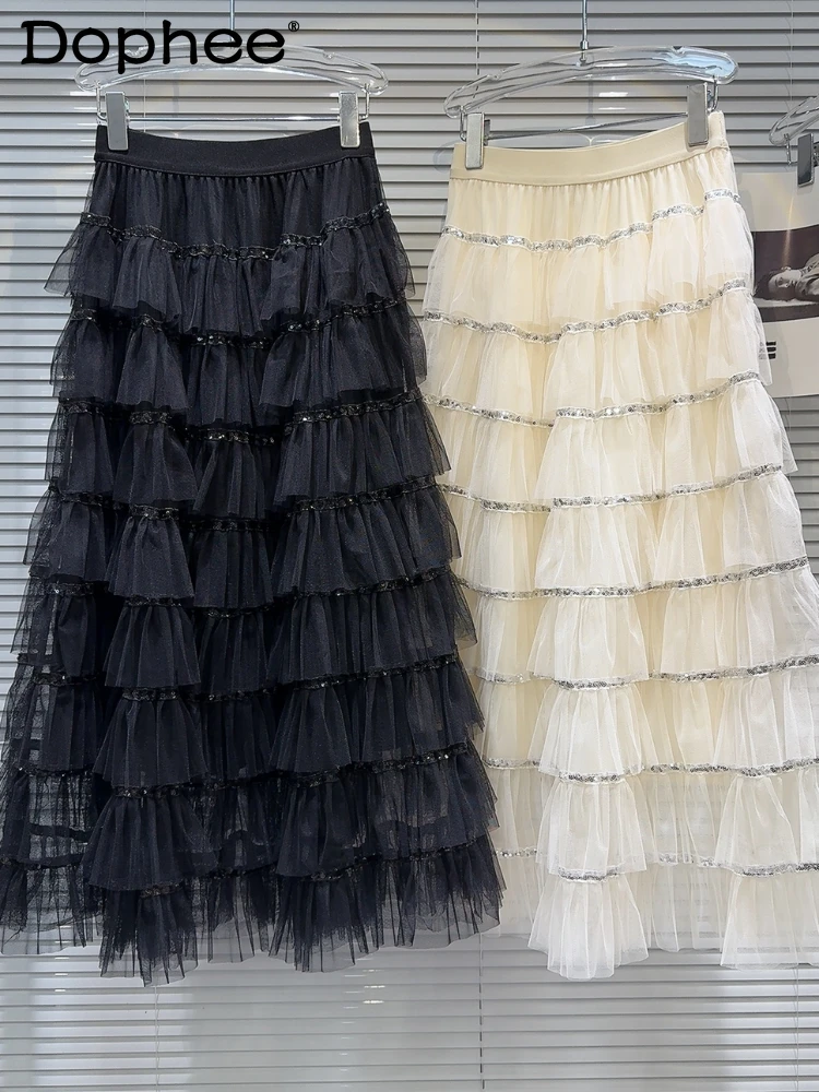 

Princess Style White Tulle Skirt 2024 Spring and Summer New Elastic Waist Elegant Sequins Lady Mid-Length Black Cake Dress