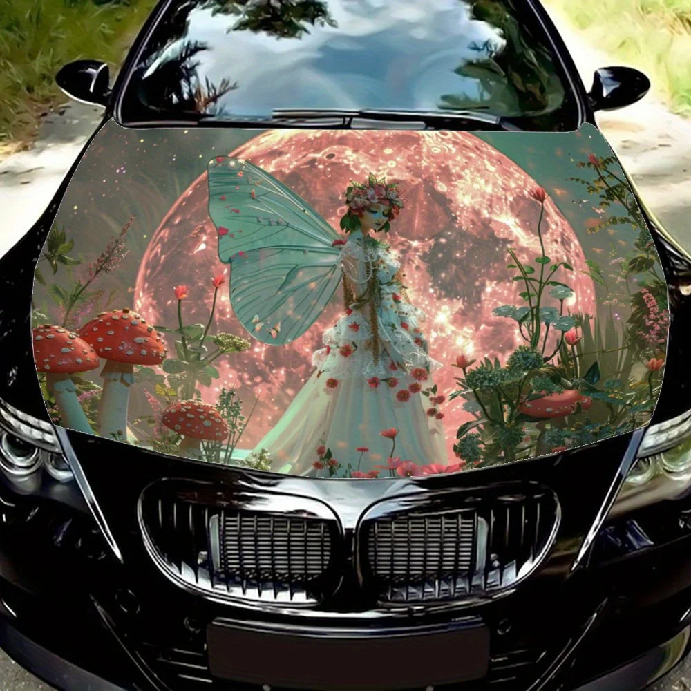 Fantasy Companion Full Moon: A Dreamy Dance of Floral and Moonlight Graphics Car Vinyl Wraps, Vinyl Car Hood Graphics, Vin Decal