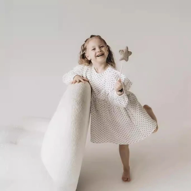 

Girls' Dress 2024 Eastern Europe Cotton Linen Small Dots Spring Autumn Ruffled Skin-Friendly Playful Princess