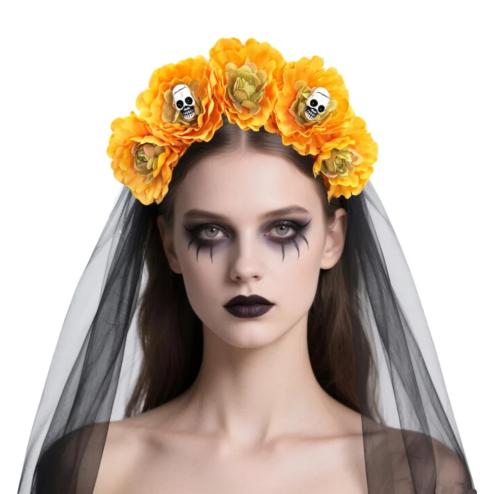 New Halloween Simulation Flower Bride Tulle Headband Black Veil Dress Up Hair Accessory For Party Day Of The Dead Headwear