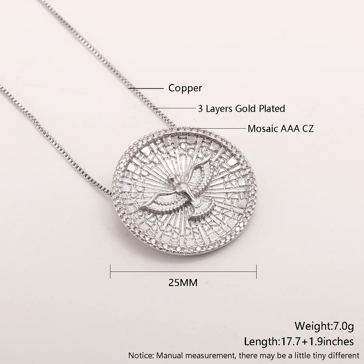 MHS.SUN Halskette mit religiösem Heiliger-Geist-Vogel-Anhänger, rund, hohl, Mosaik, kubischer Zirkon, Halsketten für Damen und Herren, zarter Schmuck – Detail 11