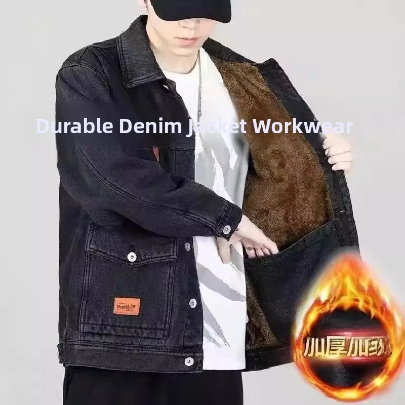 

Утепленная джинсовая куртка свободного кроя на флисовой подкладке для мужчин, осенне-зимняя, износостойкая и теплая верхняя одежда с длинными рукавами