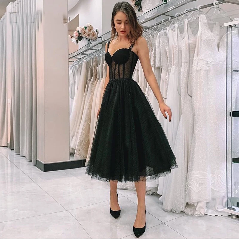 

New Arrival Illusion Black Prom Dress Spaghetti Strap Polka Dot Tulle Tea Length Formal Party Gowns Short Vestido De Festa