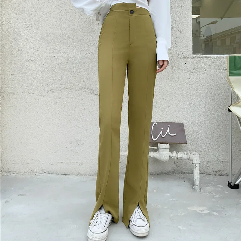 

Women Spring Summer Chic Slit Trousers Solid Color Elegant Pants 2024 High Street Fashion Irregular High Waist Flare Female Pant