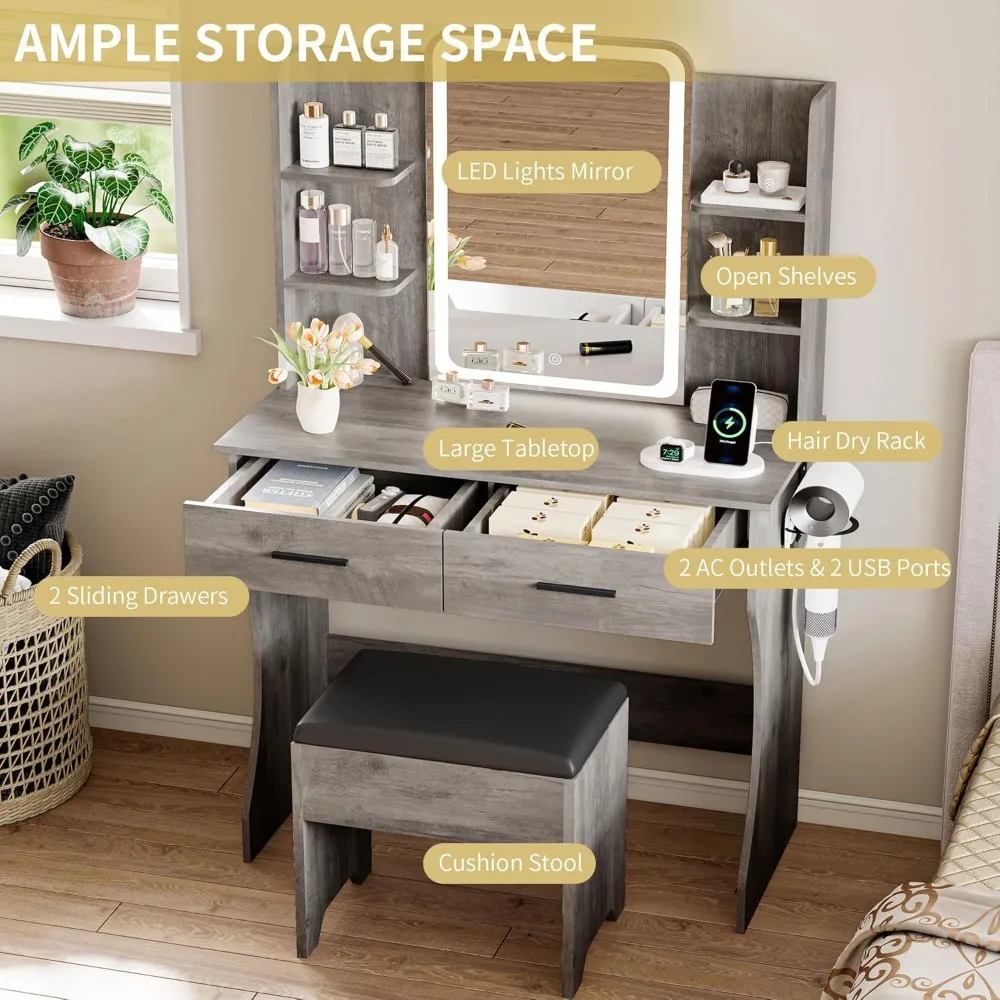 Toaletka z oświetleniem LED, lustrem i gniazdem zasilania, kompaktowy zestaw do makijażu z szufladami i krzesłem, 3 tryby oświetlenia