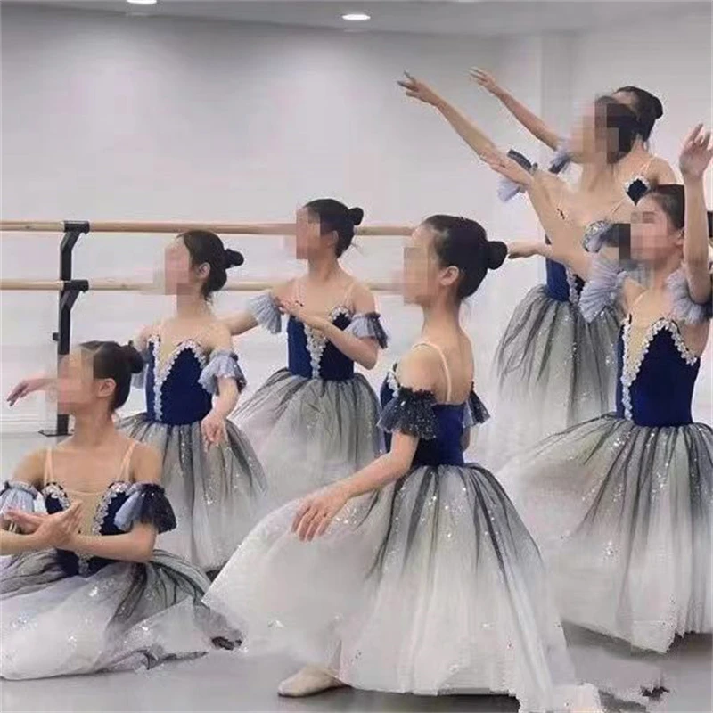 Adult Kids Blue Long Tutu Professional Swan Lake Ballet Costume Ballet Tutu Ballet Dress Girls Performance Dancewear Velvet Top