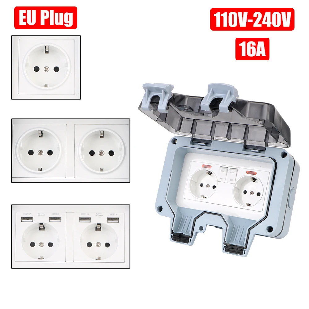 For Home& Garden IP66 Weatherproof 16A Outdoor Wall Power Socket AC 110~240V Power Supply Switch Socket Double EU Socket