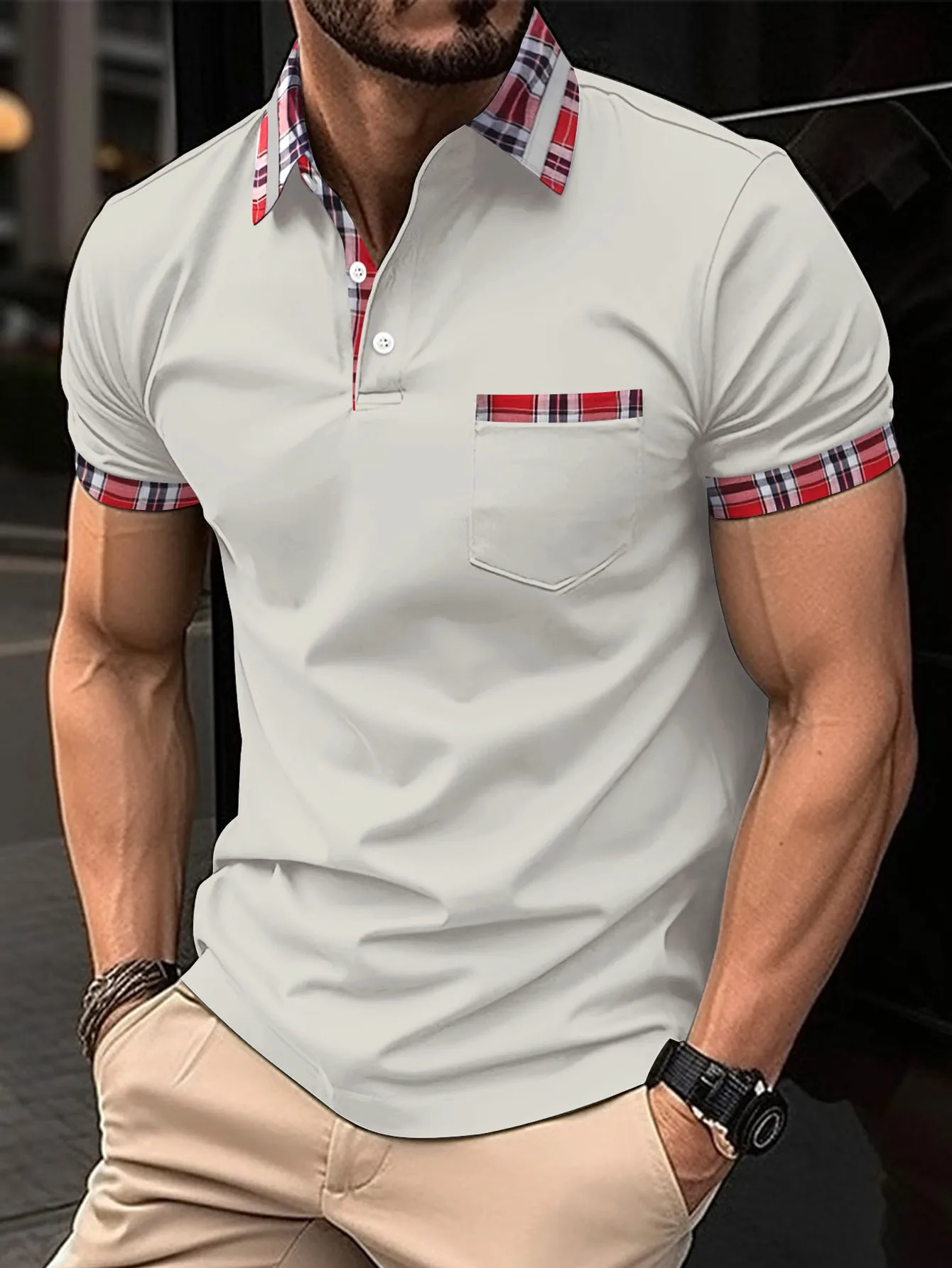 2024 Men\'s fashion color contrast lapel short-sleeved polo shirt, simple and slim