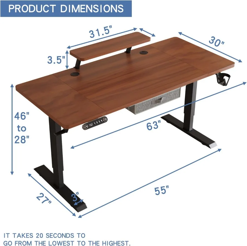 Bureau de bureau avec étagère de rangement, 63x30, réglable, recommandé pour s'asseoir debout, bureau à domicile avec plateau de brochure sombre, cadre noir