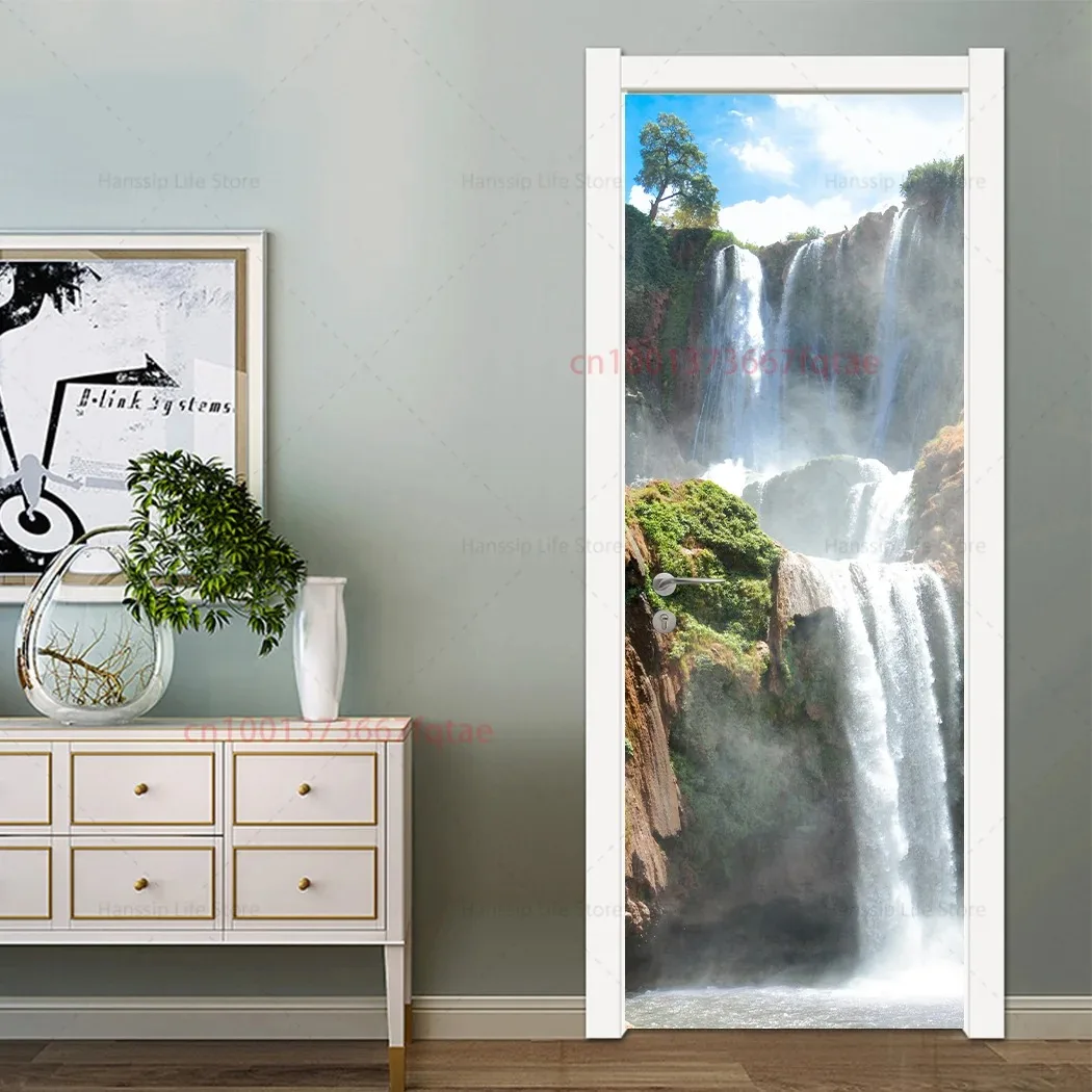 Natural Waterfall Forest Scenery Door Sticker Waterproof PVC Removable Landscape Wallpaper Home Room