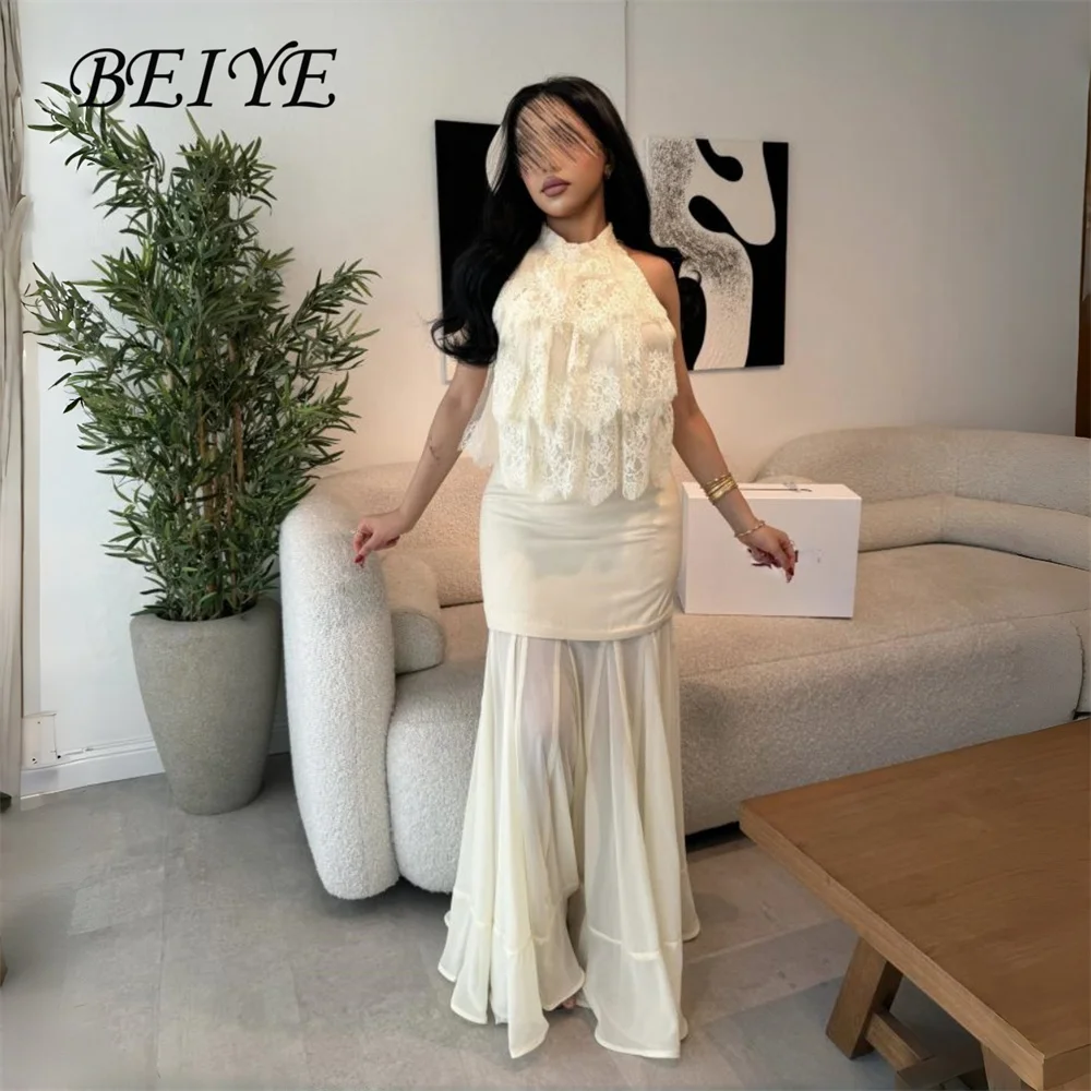 

BEIYE Elegant Yellow Sheath Evening Dress Lace High Collar Sleeveless Pleat Tiered Party Gown Customized فساتين سهرة