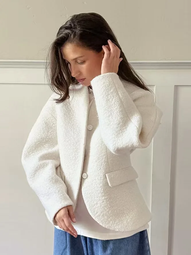 Fashionable Short Woolen Cardigan Jacket Loose Casual Style V-Neck Long Sleeve Commute Friendly Single Button Closure Pure Color