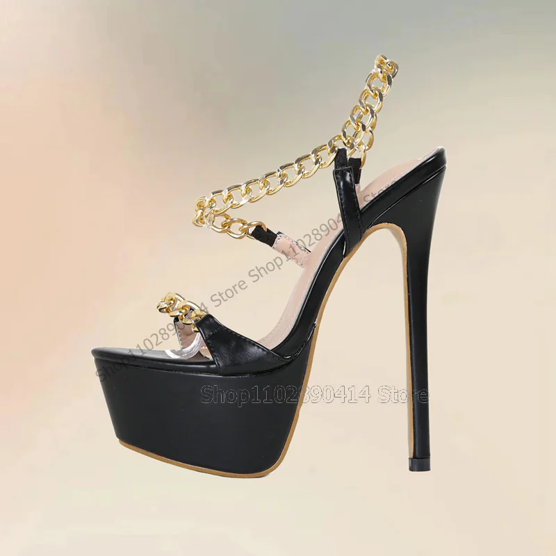 Gold Chain Black Hollow Cut Heel Platform Sandals Slip On Women Shoes Thin High Heels Open Toe Fashion 2023 Zapatos Para Mujere