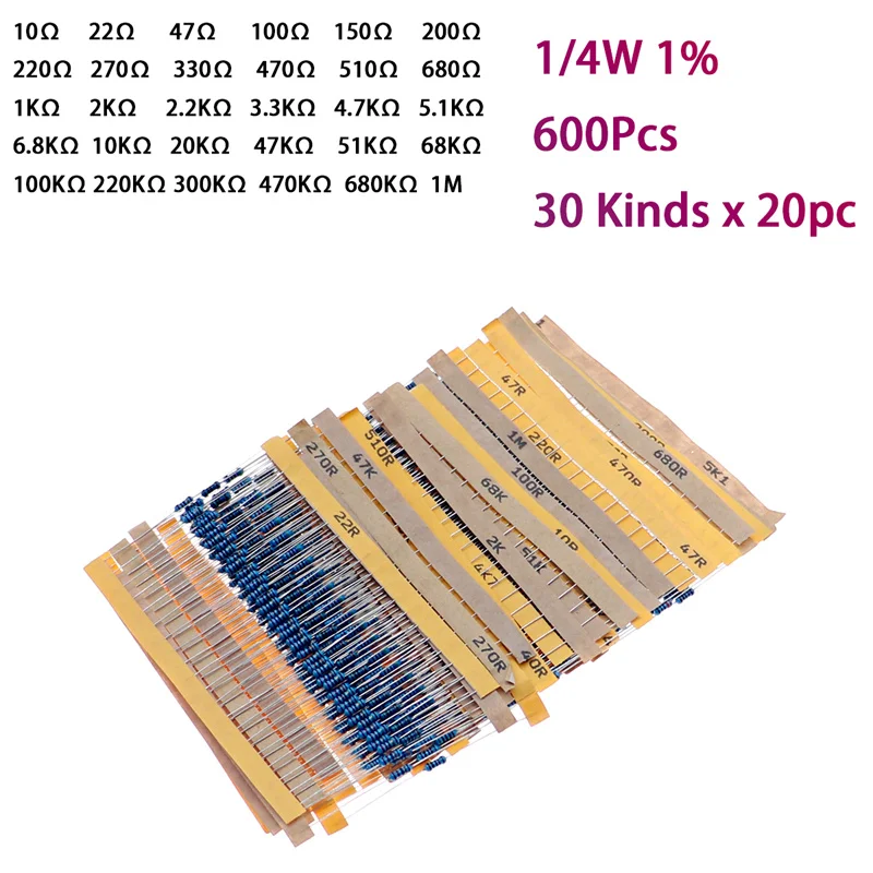 600pcs/box 30 Kinds 1/4W Resistance 1% Metal Film Resistor Pack Assorted Kit 1K 10K 100K 220ohm 1M Resistors