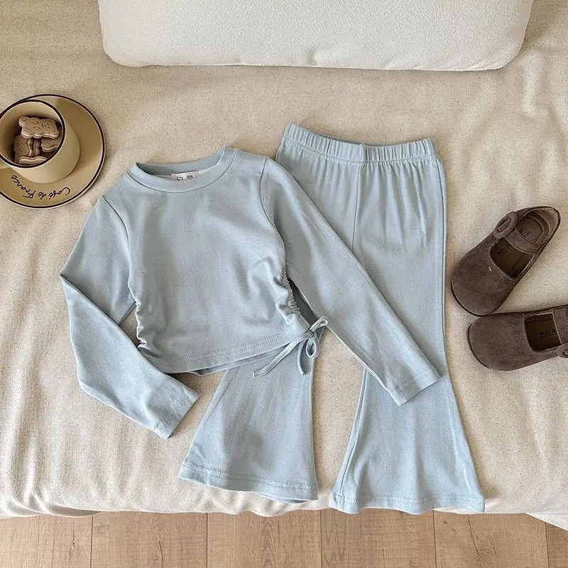Girls' Set Spring and Autumn New Baby Cotton Long Sleeved T-shirt Short Style Western Style Flared Pants Two-piece Set